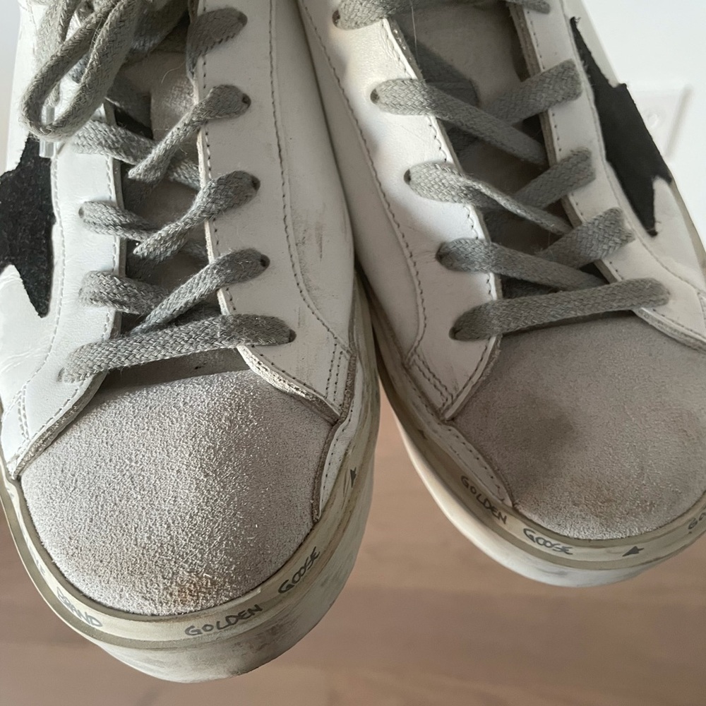 Golden Goose Hi Star Leather Sneakers White Black Star Blue Glitter - Picture 10 of 10